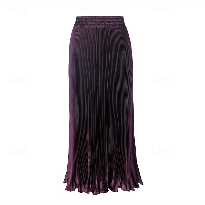 Women's Skirt A Line Fashion Casual Maxi High Waist Skirts Plain Pleated Micro-elastic Casual Daily Weekend Peacock Blue Violet Blue Dark Green Summer Polyester2