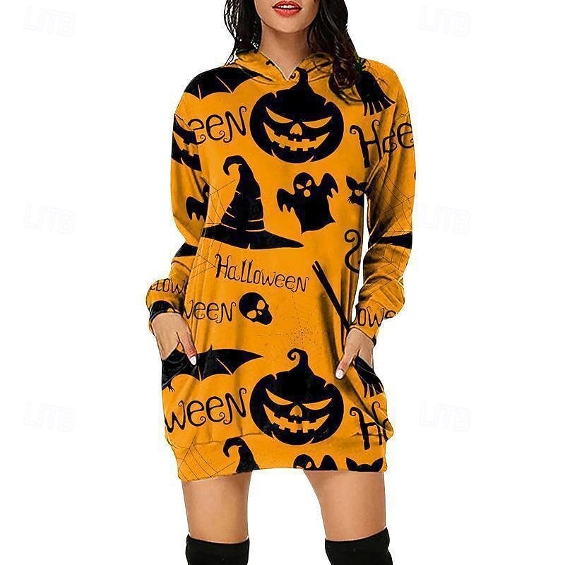 Women's Mini Dress Hoodie Dress Casual Dress Fashion Modern Halloween Daily Weekend Regular Fit Pumpkin Long Sleeve Hooded Black White Yellow Red Spring Fall