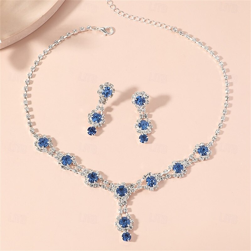 Jewelry Set Two-piece Suit Blue Rhinestone Rhinestone 1 Necklace Earrings Women's Elegant Vintage Fashion Vintage Style Classic Jewelry Set For Wedding Party3