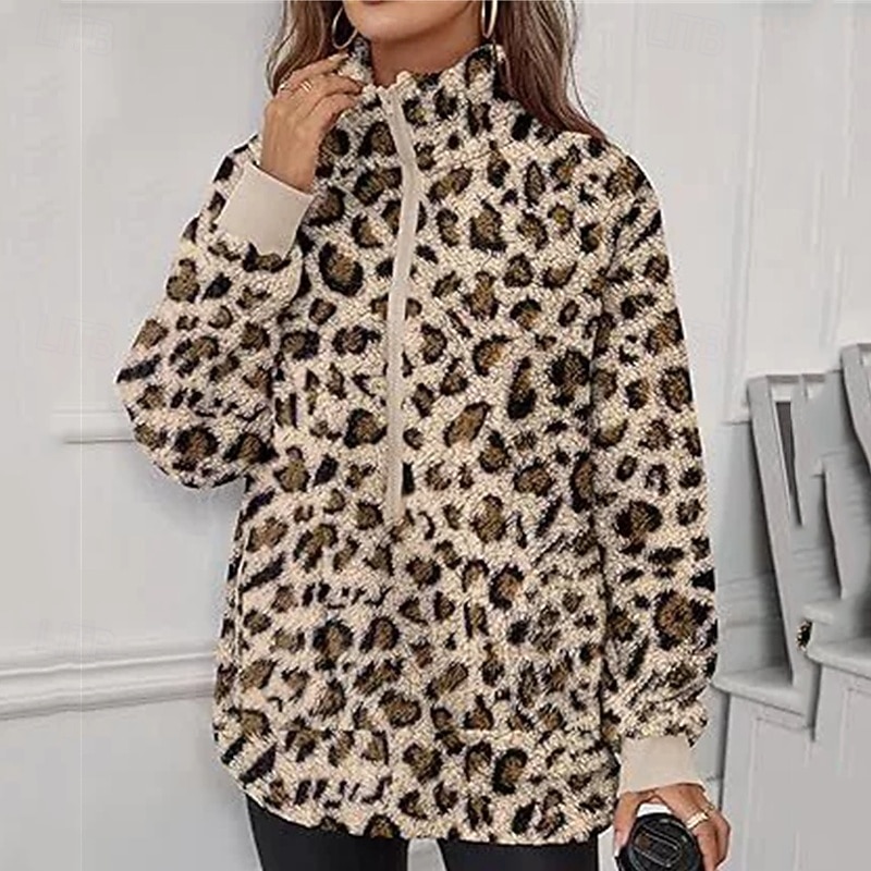 Women's Trench Coat Warm Comfortable Zipper Pocket Fashion Outdoor Leopard Going out Weekend Zipper Regular Lapel Regular Fit Long Sleeve Outerwear Yellow Apricot Coffee Fall Winter