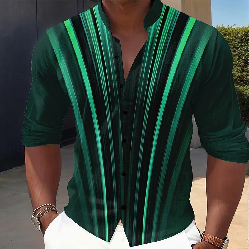 Men's Geometric Gradient Line Shirt Button Up Shirt Stand Collar Shirt Long Sleeve Casual Outdoor Vacation Daily Spring Fall Mandarin Collar Band Collar 3D Print Linen Like Shirt Yellow Blue Purple3