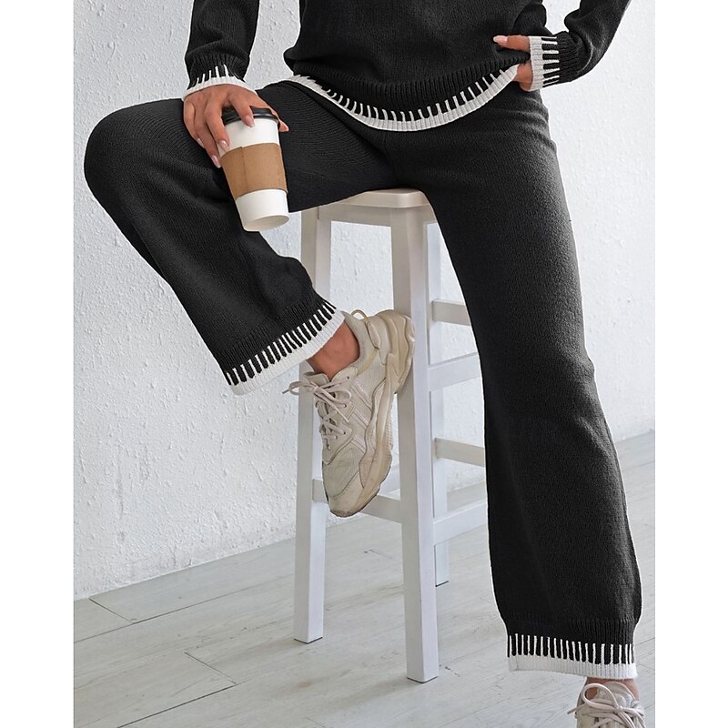 Women's Wide Leg Slacks Streetwear Casual Full Length Natural Color Block Patchwork Elastic Waist Comfortable Street Holiday Daily Wear Black Khaki Winter Regular Fit