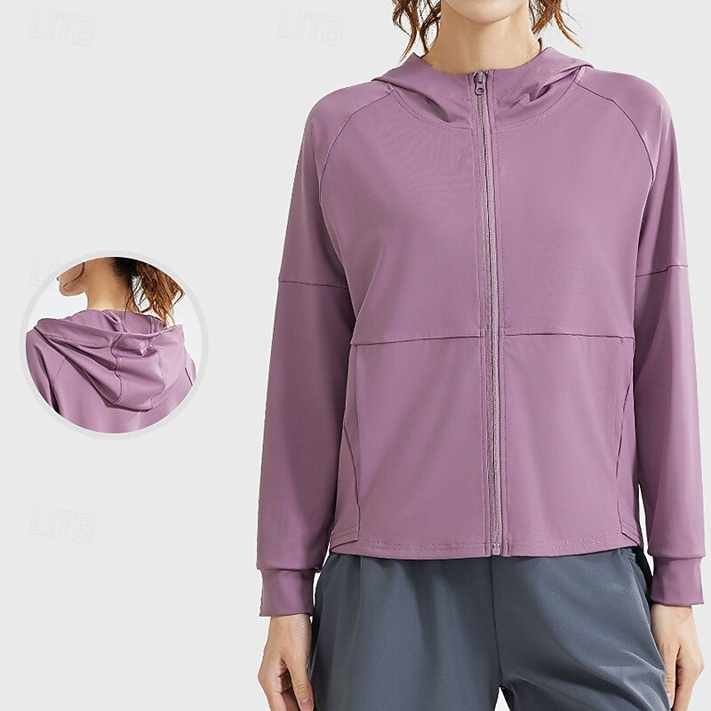 Women's Hoodie Jacket Lightweight Long Sleeve Sports Solid Color Top For Gym Athletic Running Loose Fit Activewear - Main Image