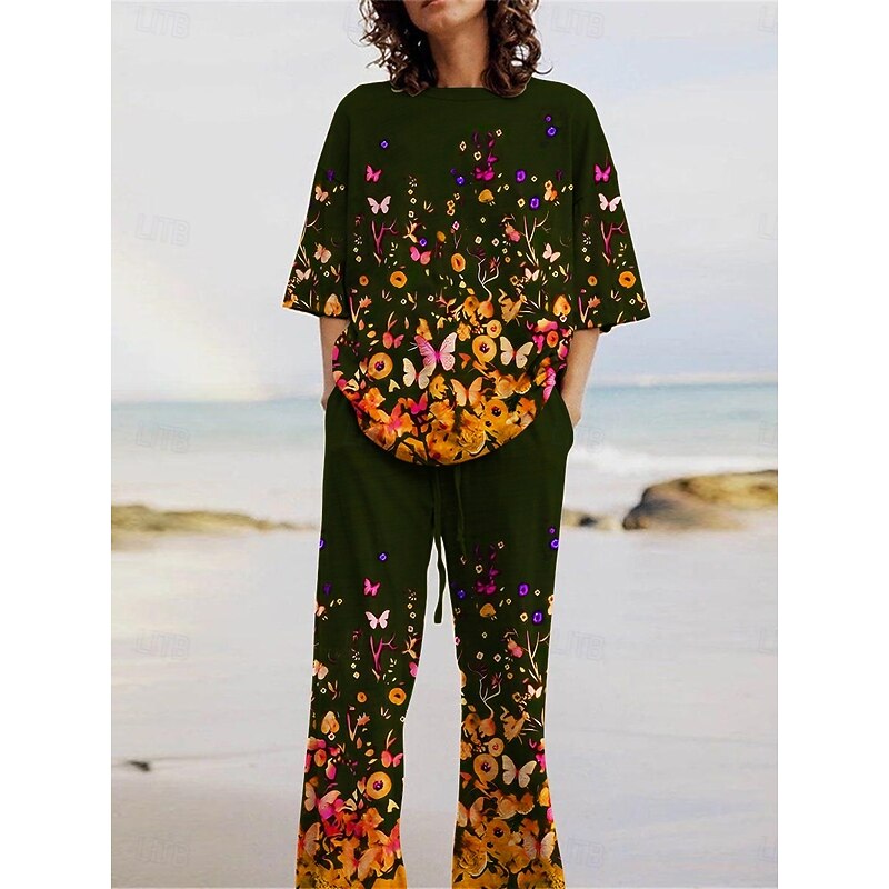 Women's Active Fashion Pants Sets 3/4 Length Sleeve Crew Neck Floral Butterfly Print Vacation Daily Holiday Yellow Red Purple Summer Regular Fit3