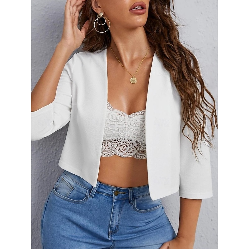 Women's Casual Jacket Comfortable Breathable Open Front Casual Plain Vacation Street Casual Daily Wear Open Front Short V Neck Regular Fit Long Sleeve Outerwear Navy Black White Summer Spring2