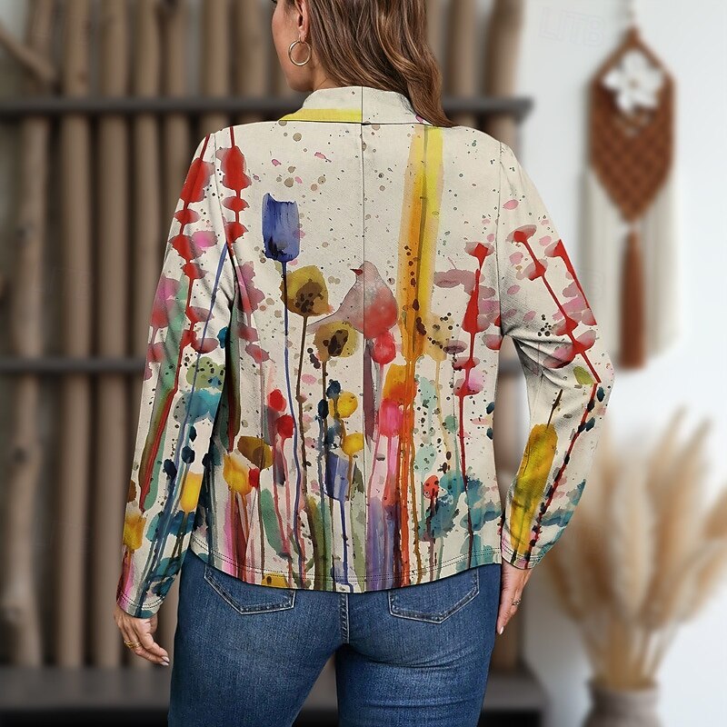 Women's Blazer Comfortable Open Front Elegant Fashion Glamorous & Dramatic Retro Floral Vacation Home Office Work Short Shawl Collar Regular Fit Long Sleeve Outerwear Black White Red Spring Fall2