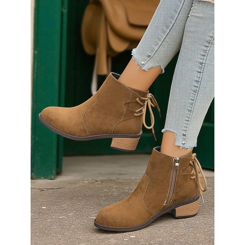 Women's Camel Faux Suede Ankle Boots with Side Zipper and Lace Detail – Comfortable Block Heel Boots for Fall Casual Wear4