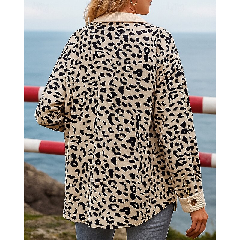 Women's Fall Outfits Shirts Jacket Coats Buttons Long Sleeve Top Athleisure Fall Leopard Fashion Outdoor Travel Sportswear Activewear Pink Blue Beige2