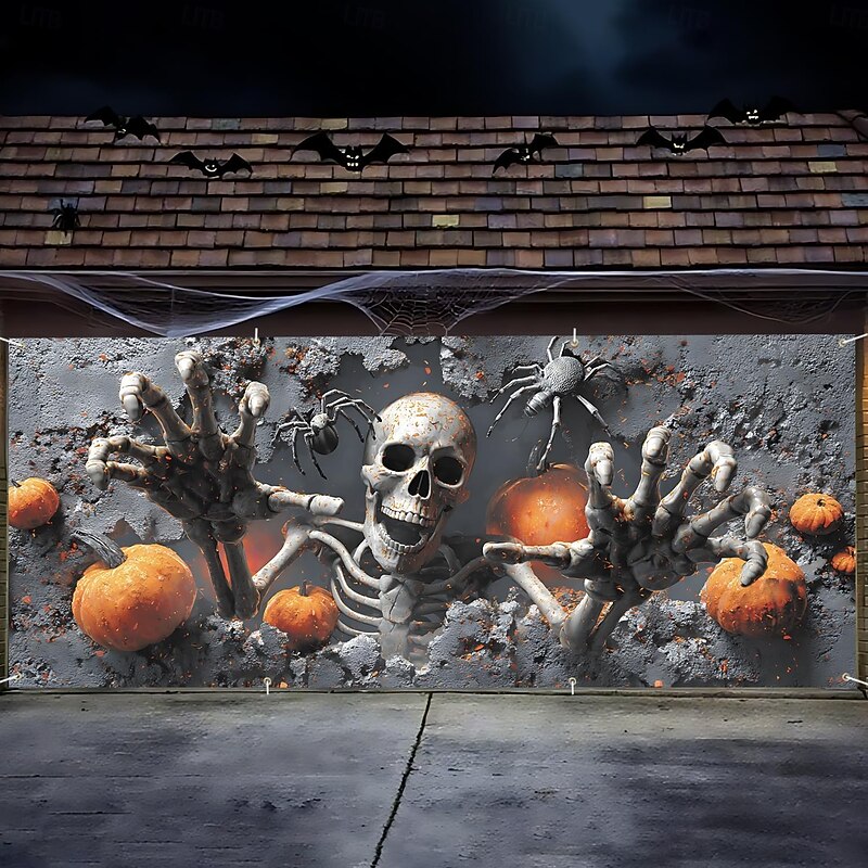 Halloween Garage Door Cover Skull Pumpkin and Spider Banner Haunted House Horror Scene Spooky Backdrop Tapestry for Outdoor Wall Fence Yard Halloween Party Decoration4