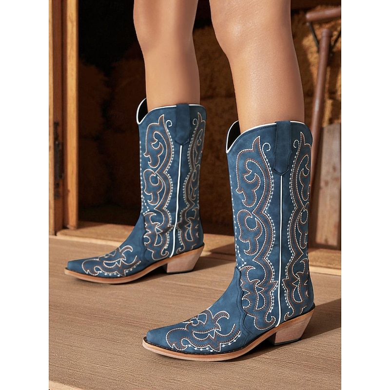 Women's Blue Western Cowboy Boots with Intricate Embroidery, Pointed Toe and Low Heel for Country Concerts and Rodeo Style