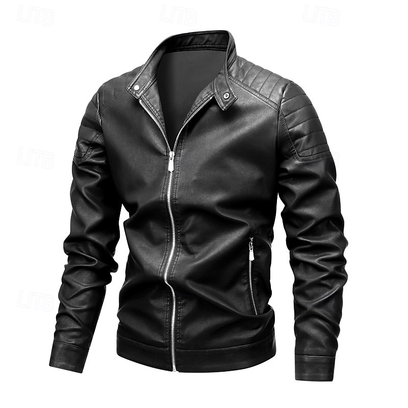 Men's Faux Leather Jacket Motorcycle Jacket Outdoor Casual Windbreaker Minimalist Fall Winter Solid Color Punk Active Stand Collar Regular Black Burgundy Khaki Coffee Jacket3