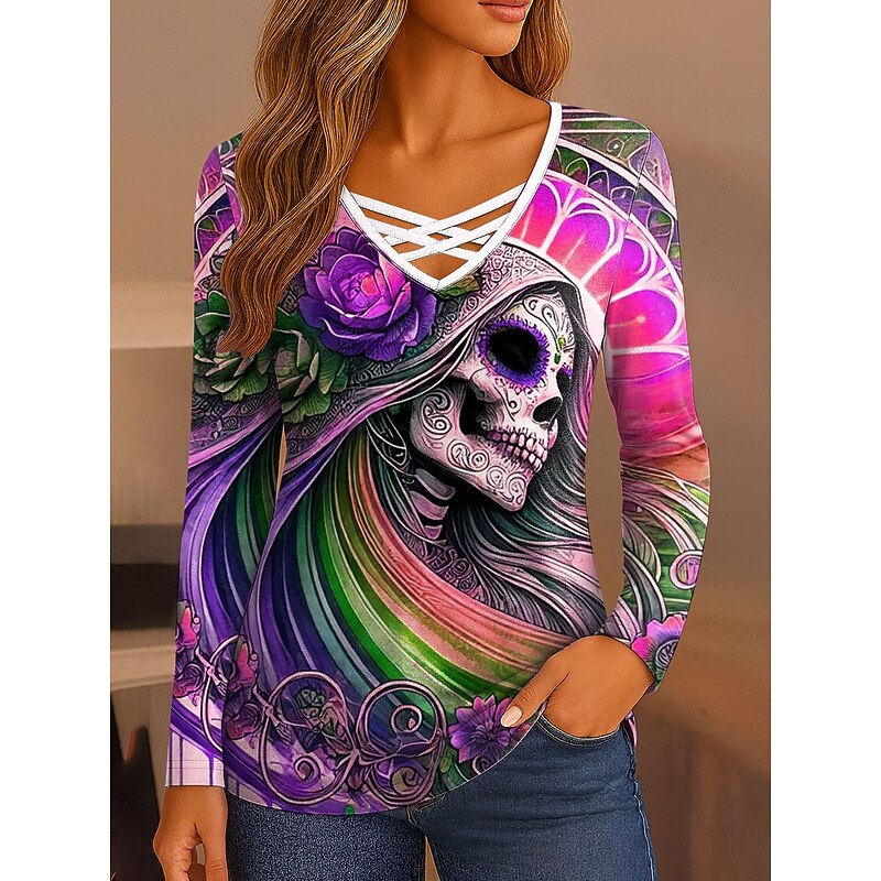Halloween Women's T Shirt Skulls Graphic Vintage Stylish Classic Long Sleeve V Neck Regular Tops Daily Cut Out Print Pink Blue Orange Gray Spring Fall3