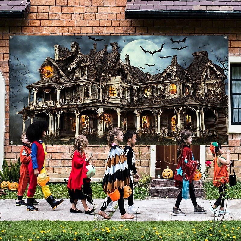 Halloween Garage Door Cover Large Hanging Backdrop Castle Dark Punk Gothic Style Party Outdoor Shooting Backgrounds Yard Haunted House Home Decor3