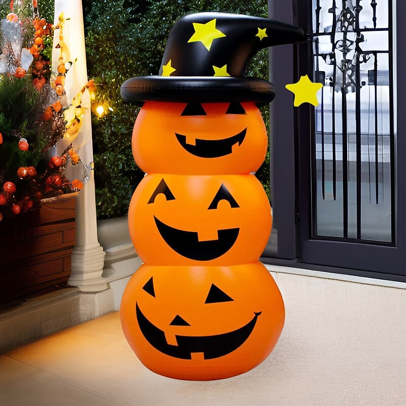 1 Pc 1.35M Halloween Three Head Expression Pumpkin LED PVC Inflatable Air Model RGB Indoor/Outdoor Courtyard Garden Lawn Party Festival Atmosphere Decorative Light AAA Battery Box Remote Control2