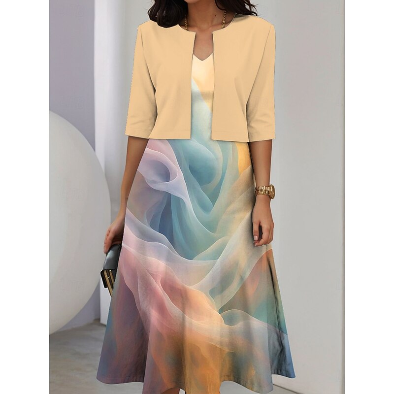 Women's Two Piece Dress Sets Midi Dress with Jacket Elegant A Line Dress Half Sleeve Casual Semi Formal Ombre Graphic Print V Neck Date Light Yellow Sky Blue Purple Regular Fit3