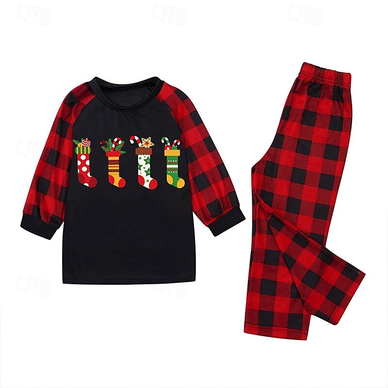 Family Pajamas Plaid Christmas Pattern Home Patchwork Black Long Sleeve Active Matching Outfits4