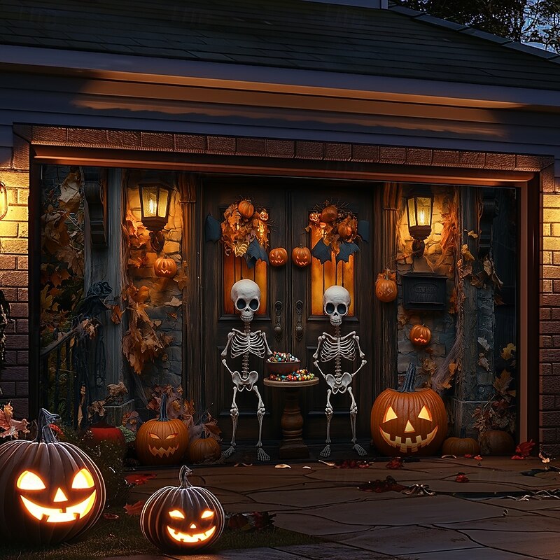 Halloween Garage Door Cover Large Hanging Backdrop Skeleton Pumpkin 3D Dark Punk Gothic Style Party Outdoor Shooting Backgrounds Front Door Home Decor4