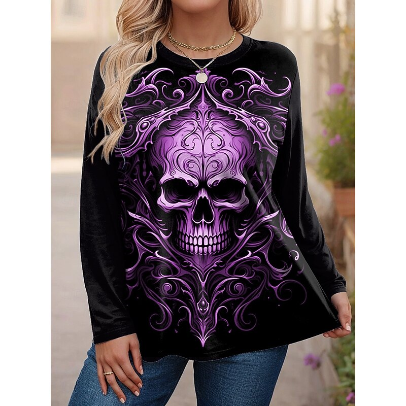 Halloween Women's Plus Size Tops T Shirt Graphic Print Long Sleeve Crew Neck Casual Daily Polyester Fall Winter Black White4