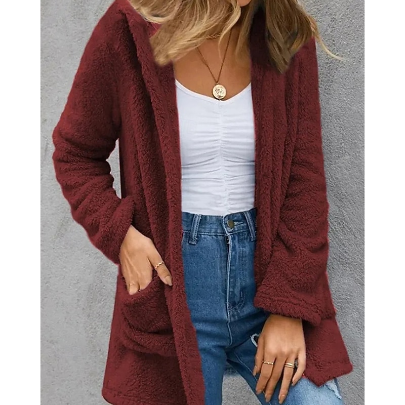 Women's Winter Coat Hoodie Jacket Warm Comfortable Pocket Casual Plain Daily Wear Going out Casual Daily Weekend Open Front Long Hooded Regular Fit Long Sleeve Outerwear Navy Red Green Fall Winter