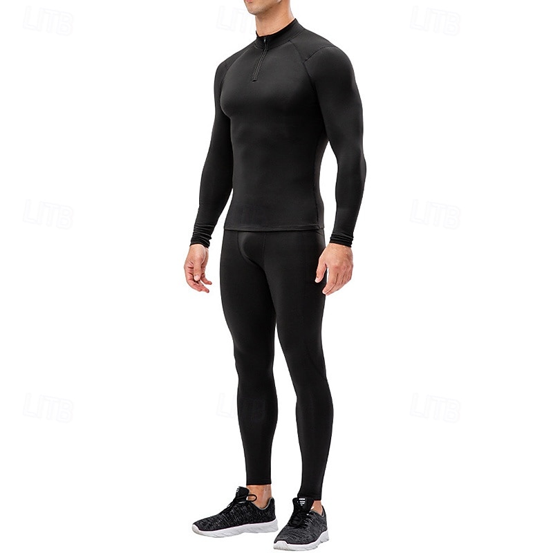 Men's Workout Suits Base Layer Top & Bottom 2 Piece Sports Set with Fleece Lined Solid Colored Clothing Suit Fall & Winter Black White Spandex Gym Basketball Athletic High Waist Quick Dry Warm3