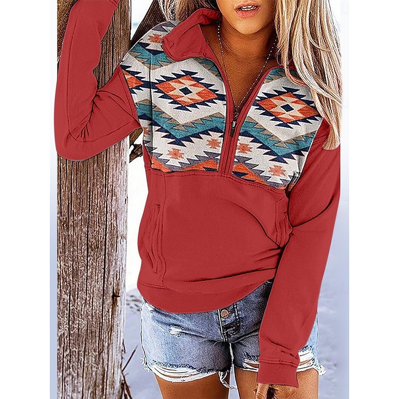 Women's Sweatshirts Geometric Vintage Casual Long Sleeve Turtleneck Regular Tops Street Dailywear Zip Up Pocket Print Black White Red Blue Dark Blue Fall Winter