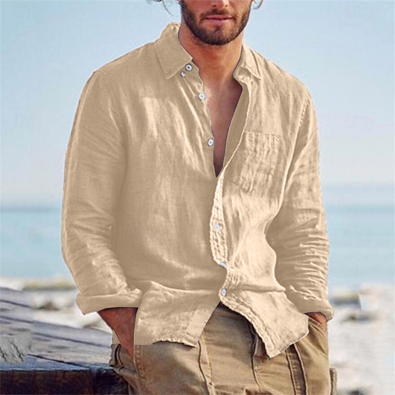 Men's Shirt Linen Shirt Summer Shirt Beach Shirt Untucked Shirts Solid Color Outdoor Vacation Black Brown Green Khaki Long Sleeve Turndown Spring &  Fall Clothing Apparel Button-Down3