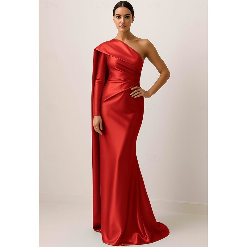 Blue Red Black Column Evening Gown Elegant Dress Formal Wedding Floor Length Long Sleeve One Shoulder Capes Satin with Pleats 20252
