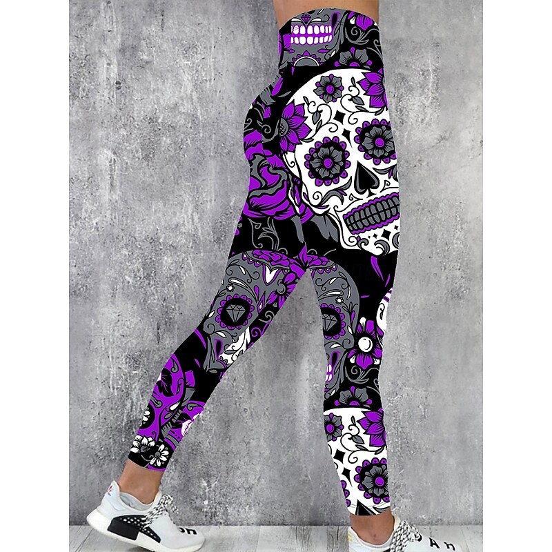 Women's Leggings Vacation Vintage Fashion Full Length High WaistPantsHalloween Graphic Skull Printing Soft Breathable High Elasticity Formal Outdoor Vacation Violet Spring Fall Winter Slim Fit2
