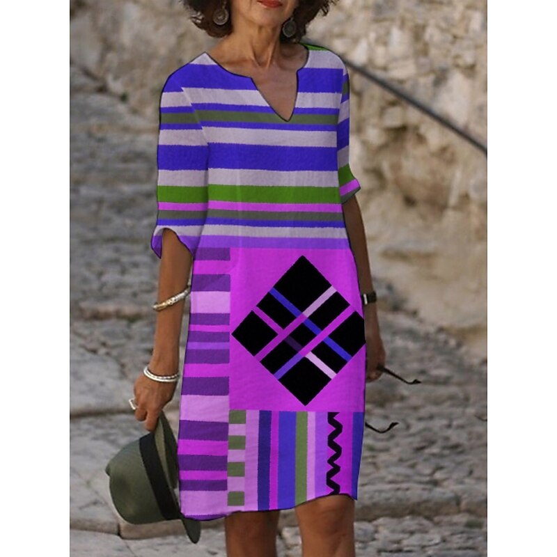 Women's Midi Dress Casual Dress Print Dress Vintage Daily Beach Weekend Regular Fit Geometric Color Block 3/4 Length Sleeve Crew Neck Yellow Purple Fuchsia Orange Summer Spring Fall Autumn3