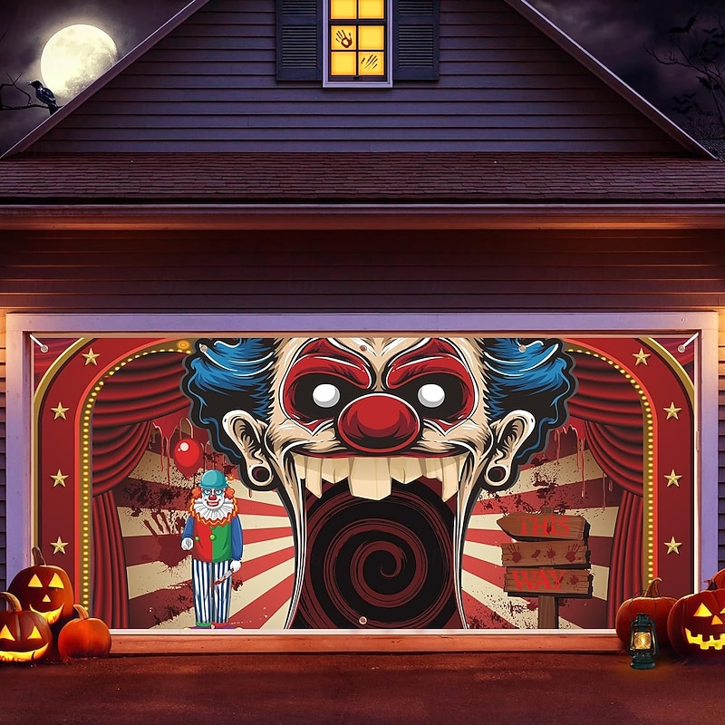Halloween Tapestry Garage Door Cover Large Hanging Backdrop Clown Dark Punk Gothic Style Party Outdoor Shooting Backgrounds Yard Haunted House Home Decor