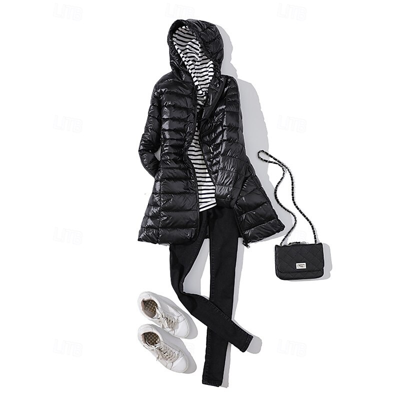 Women's Down Jacket Coat Warm Comfortable Zipper Pocket Fashion Plain Holiday Going out Casual Daily Weekend Zipper Long Hooded Regular Fit Long Sleeve Outerwear Black Wine Red Fall Winter3