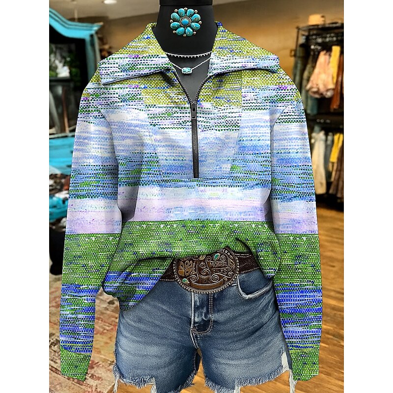 Women's Sweatshirts Geometric Striped Casual Long Sleeve V Neck Regular Tops Street Dailywear Casual Yellow Pink Blue Purple Fall4