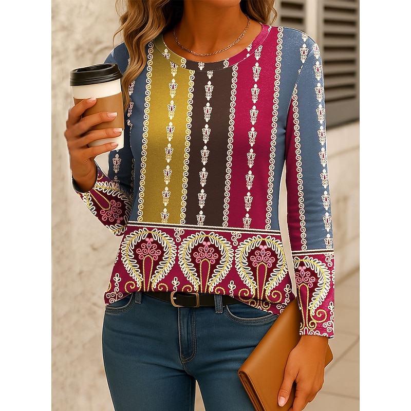 Women's T Shirt Graphic Paisley Striped Vintage Stylish Casual Long Sleeve Crew Neck Regular Tops Daily Print Pink Purple Orange Green Spring Fall Winter - Main Image