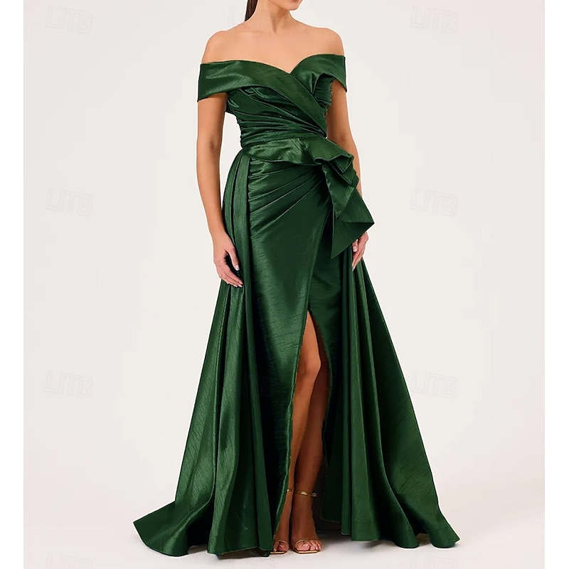 Off Shoulder Formal A-Line Evening Gown Stretch Tafetta Celebrity Style Dress Formal Wedding Floor Length Sleeveless  with Pleats Ruched Ruffles Slits4