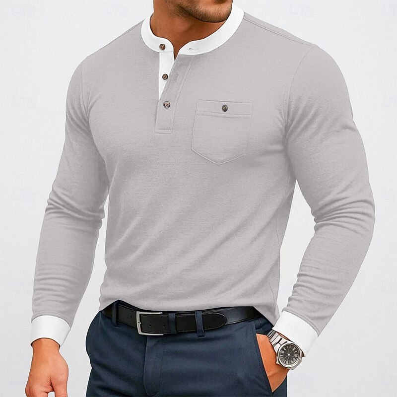 Men's Henley Shirt Tee Top Cotton Blend T-Shirt Long Sleeve Color Block Solid Fashion Designer Basic Patchwork Stand Collar Henley Vacation Street Casual Spring &  Fall All Seasons Black Navy Blue4