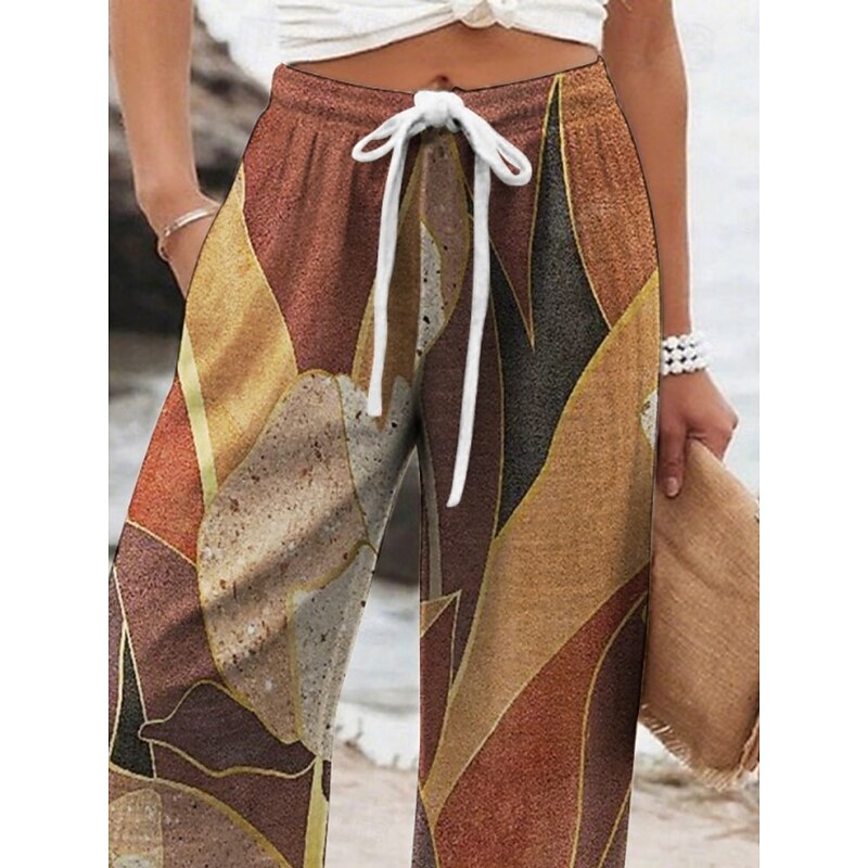 Women's Wide Leg Pants Trousers Vacation Casual Long High Waist Color Block Elastic Waist Printing High Cut Breathability Soft Micro-elastic Vacation Street Daily Wear Khaki Spring Fall Regular Fit2