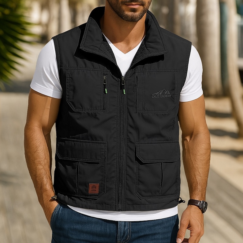 Men's Outdoor Vest Tactical Jacket Fishing Vest Outdoor Sports Outdoor Casual Fishing Active Summer Spring Multi Pocket Multi Layer Polyester Tactical Zipper Collar Regular Fit Black Navy Blue Khaki3