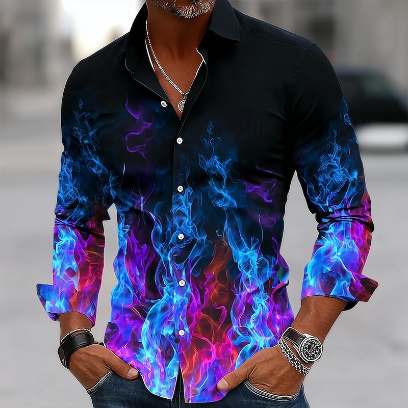 Men's Optical Illusion Flame Shirt Button Up Shirt Casual Dress Shirt Long Sleeve Casual Outdoor Holiday Summer Spring Turndown 3D Print Collared Shirts Black