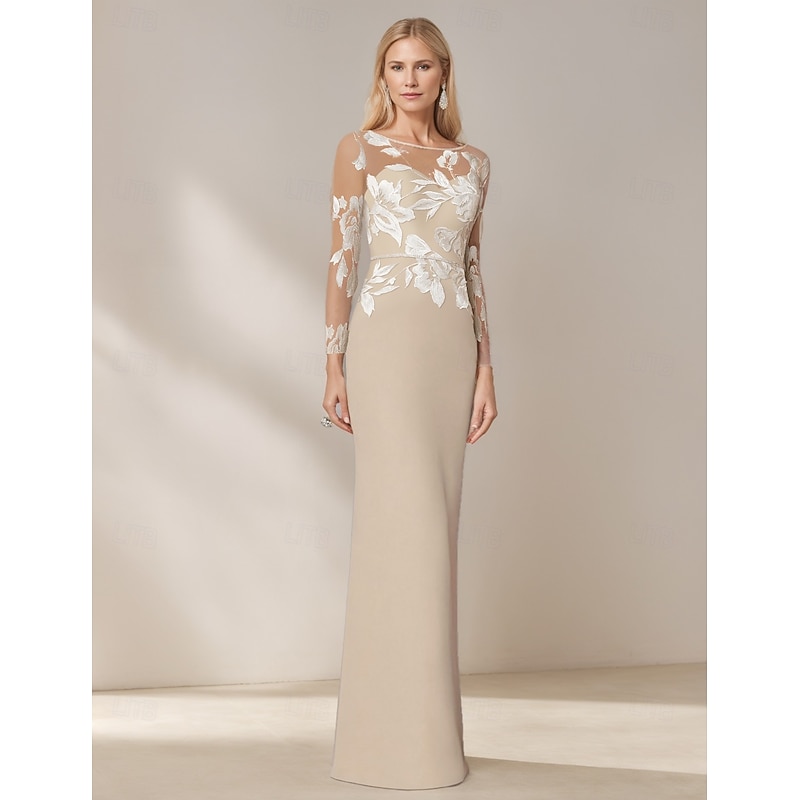 Mermaid / Trumpet Mother of the Bride Dress Stretch Crepe Elegant Simple Boat Neck Floral Embroidered Lace Floor Length Long Sleeve with Crystal Belt