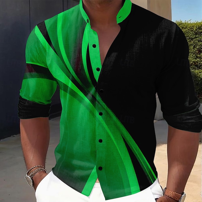 Men's Geometric Gradient Line Shirt Button Up Shirt Stand Collar Shirt Long Sleeve Casual Outdoor Vacation Daily Spring Fall Mandarin Collar Band Collar 3D Print Linen Like Shirt Black Green Blue4