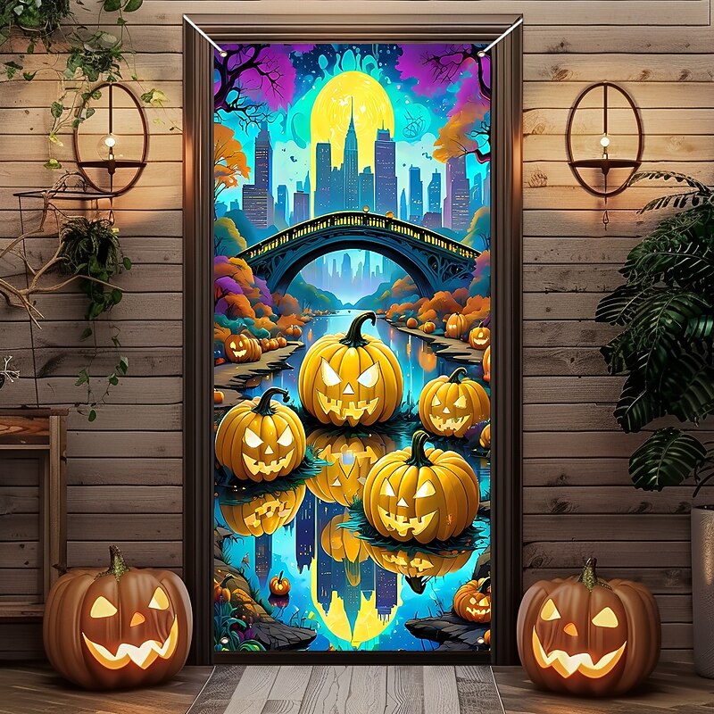 Halloween Door Cover Outdoor Banners Pumpkin Modern Dark Punk Gothic Style Party Outdoor Shooting Backgrounds Front Door Wall Porch Home Decor3