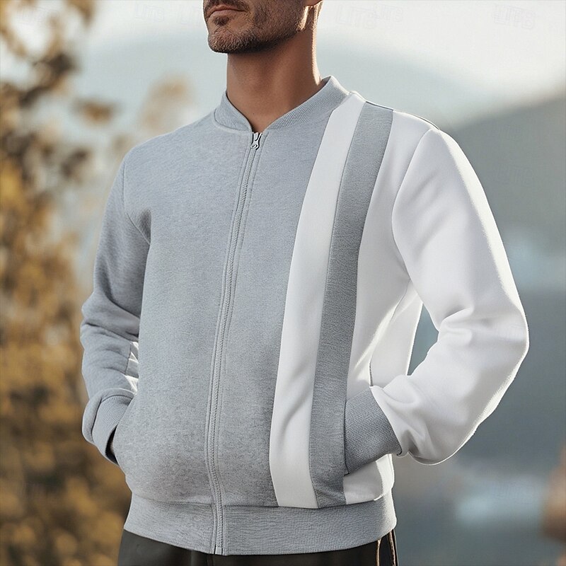 Men's Sweatshirt Full Zip Sweatshirt Black White Wine Navy Blue Khaki Standing Collar Color Block Patchwork Pocket Sports & Outdoor Daily Holiday Polyester Streetwear Basic Casual Spring Fall