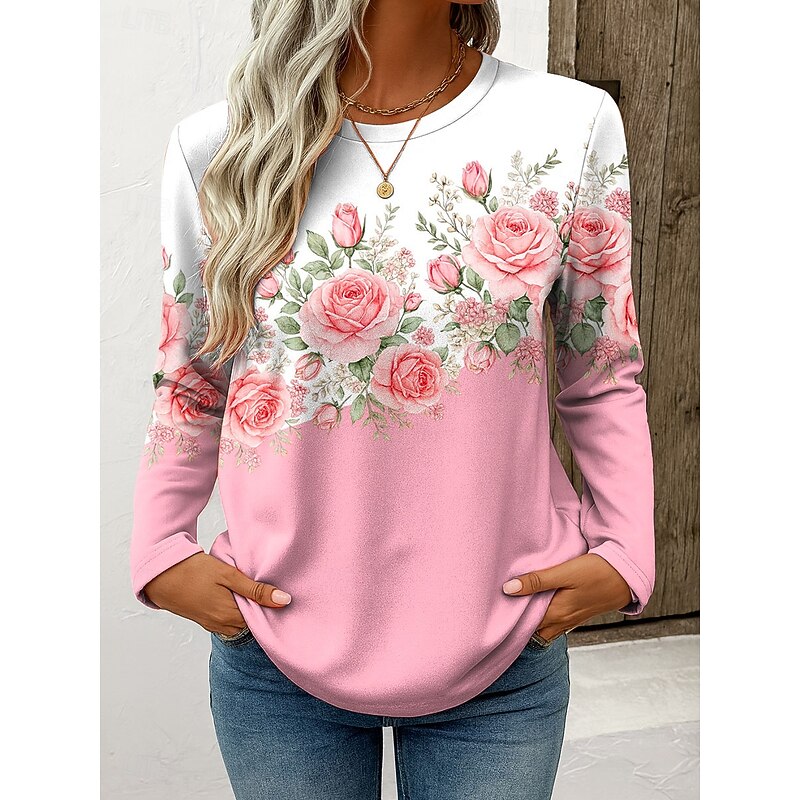 Women's T Shirt Floral Graphic Plants Vintage Stylish Classic Long Sleeve Crew Neck Regular Tops Daily Weekend Print Pink Blue Purple Green Spring Fall