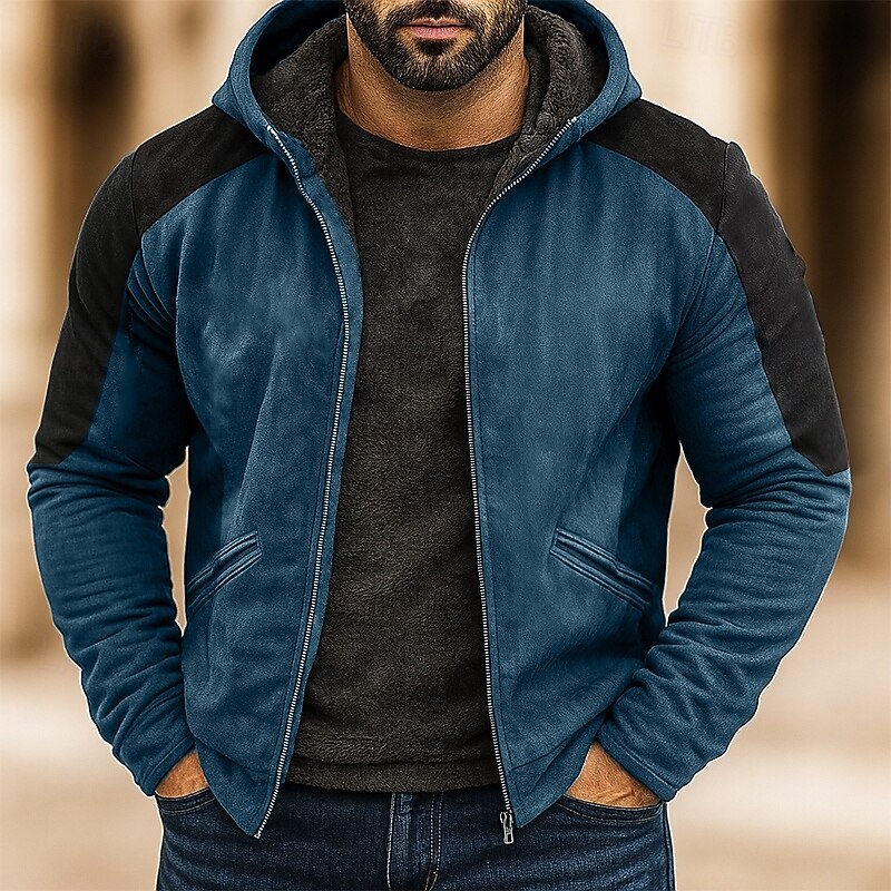 Men's Hoodie Full Zip Hoodie Fleece Hoodie Fleece lined Hoodie Blue Dark Green Brown Hooded Plain Patchwork Color Block Sports & Outdoor Casual Daily Streetwear Cool Sportswear Winter Clothing Apparel