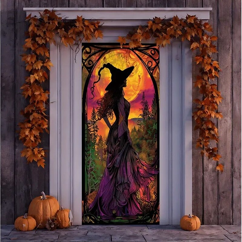 Halloween Door Cover Outdoor Banners Pumpkin Witch Psychedelic Dark Punk Gothic Style Party Outdoor Shooting Backgrounds Front Door Wall Porch Home Decor