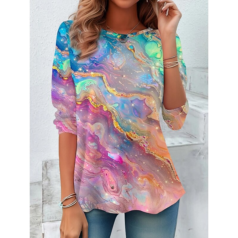 Women's T Shirt Graphic Geometric Vintage Stylish Casual Long Sleeve Crew Neck Regular Tops Daily Print Black Pink Blue Sky Blue Khaki Summer Spring Fall2