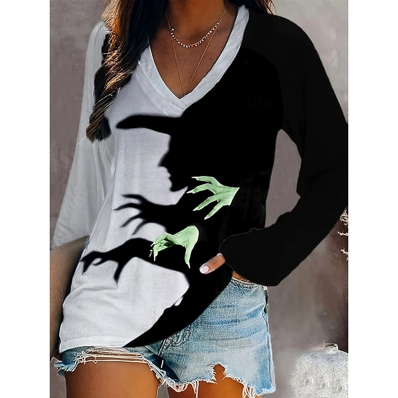 Halloween Women's T shirt Witch Graphic Vintage Stylish Classic Long Sleeve V Neck Regular Tops Daily Print Black Fall Winter