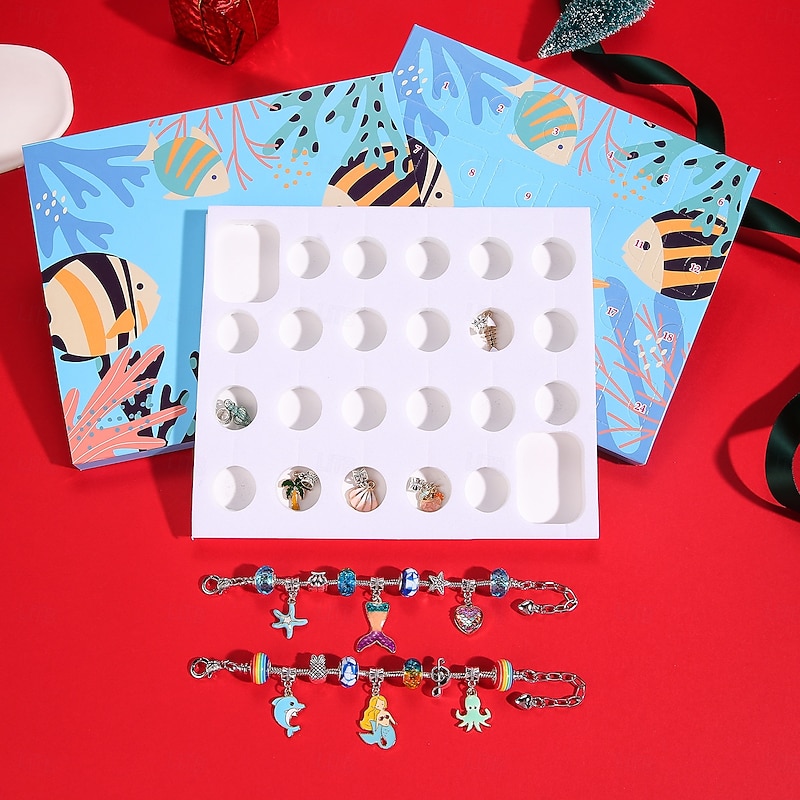 Christmas Advent Calendar Bracelets 2025 for Girls, Ocean Style 24 Days DIY Jewelry Making Kit with 22 Charm Beads and 2 Adjustable Bracelets, Xmas Countdown Gift for Kids Teens Women4