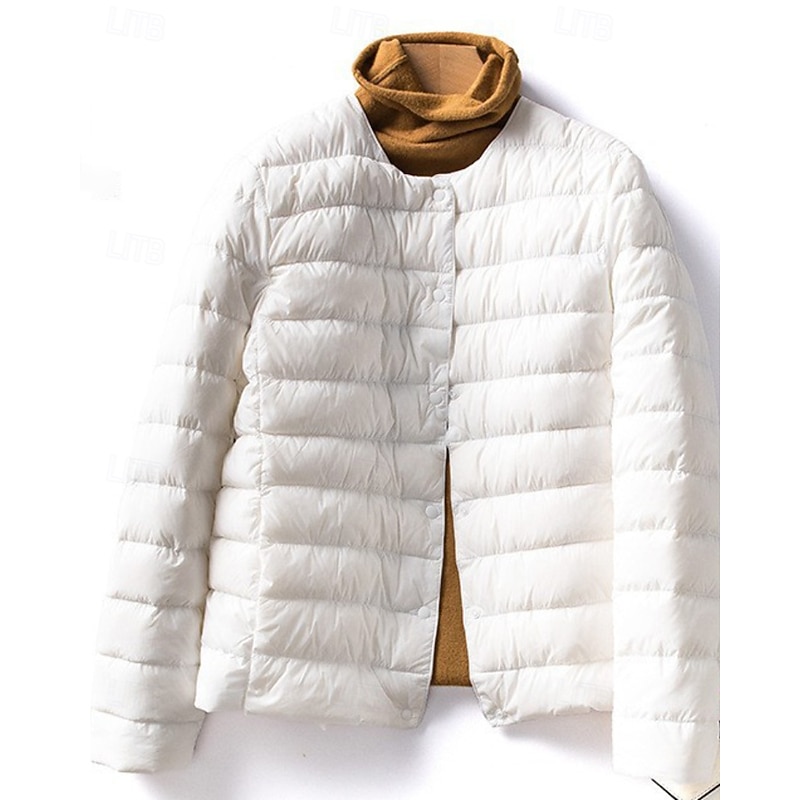Women's Down Jacket Puffer Jacket Comfortable Buttons Casual Plain Going out Weekend Single Breasted Regular Crewneck Regular Fit Long Sleeve Outerwear White Pink Wine Fall Winter3