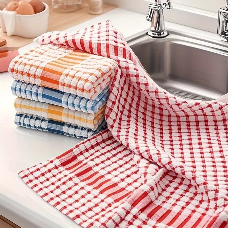 10-Pack Large Checkered Kitchen Cleaning Cloths – Absorbent, Reusable Polyester Towels in Red, Blue, Yellow & Orange for Sink, Table & Outdoor Use